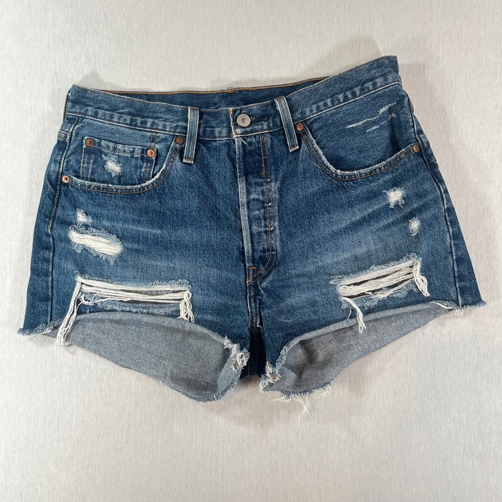 Levis 501 High Rise Distressed Denim Shorts Medium Wash W31 Cut Offs Button Fly